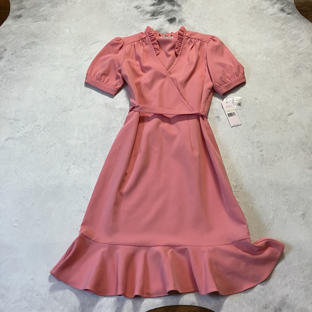 Nanette Lepore Dress Womens Size 4 Light Flamingo Faux Wrap Ruffle‎ Tie Waist
